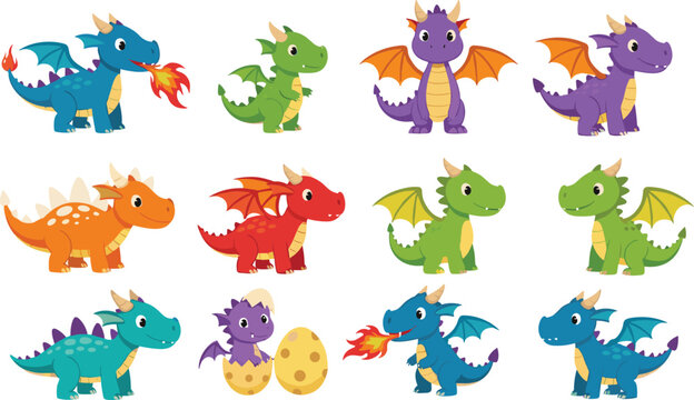Cute Baby Dragon Characters Set with Colorful Fantasy Creatures, Wings, Fire, and Egg Cartoon Style Flat Vector Illustration