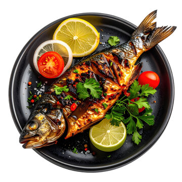 Spicy khaleeji grilled fish with a charred exterior and moist flesh, served on a dark platter for a hearty seafood feast