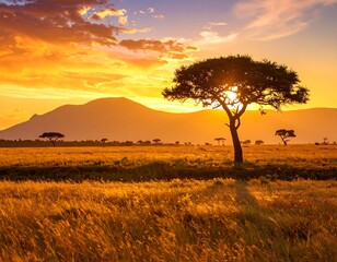 A vibrant sunset casts golden light on the African savanna. A lone tree stands against a mountain backdrop