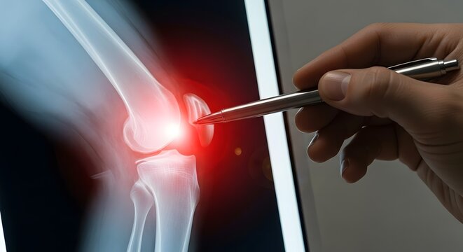 Close up knee x-ray showing bone fracture and joint damage. Orthopedic surgery planning and pain management. Hand using pen to indicate specific injury area on a medical screen