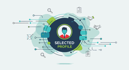 Obraz premium A profile icon surrounded by digital elements and icons in a modern abstract design