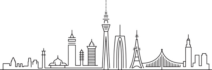 Fototapeta premium City skyline outline collection featuring famous international landmarks in linear art style