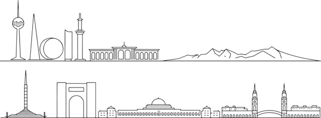 Obraz premium Collection of black outline city skylines representing various international destinations for travel