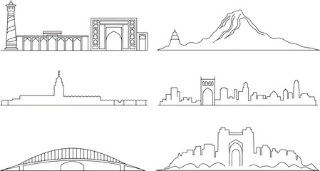 Obraz premium Diverse global city skylines and architectural landmarks presented in outline style vector