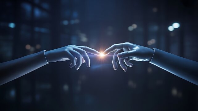 Two robotic hands reaching out and touching fingertips with a bright light emanating from the point of contact
