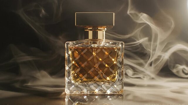 Luxurious perfume bottles with smoke and light effects on a dark background
