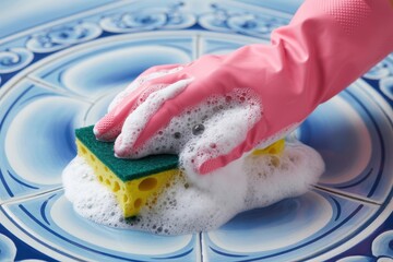 Pink gloved hand scrubbing blue tiled surface with yellow sponge and soap suds