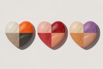 Three heart shaped makeup palettes with assorted colors colorful beauty products