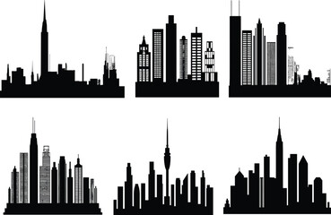 Fototapeta premium Modern city skyline silhouettes set, urban skyscraper buildings, black cityscape collection, architectural downtown panorama, minimal vector illustration design