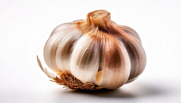 Close-up of a fresh garlic bulb on a white background.