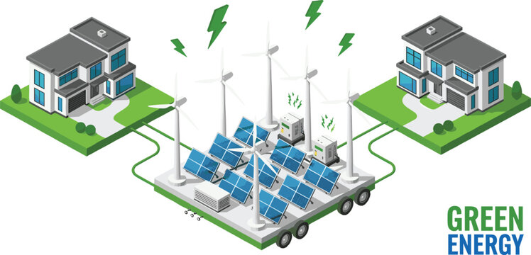 Isometric green energy power station with solar panels wind turbines supplying electricity to modern residential houses illustration smart sustainable neighborhood concept