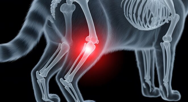 Pet stifle joint inflammation and veterinary anatomy. Animal healthcare and diagnostic imaging. Side view of a cat skeleton with red glowing pain area on the hind leg knee