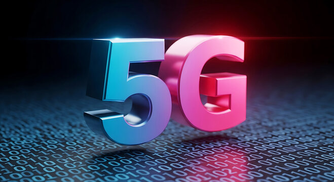A 5G logo with blue and pink colors on a digital background with binary code
