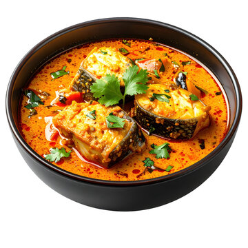 Delicious and hot macher kalia fish curry, showcasing the essence of bengali cuisine, neatly served and isolated on a stark white background