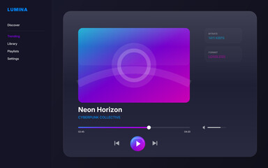 A sleek cyberpunk-inspired music streaming interface featuring neon gradients, playback controls, and a digital song visualizer for modern mobile app UI/UX design.