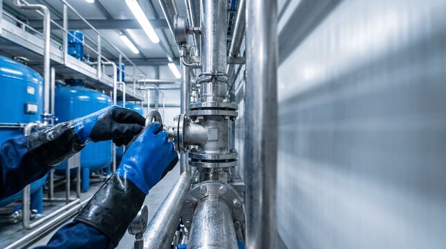 Person in blue gloves working on industrial stainless steel pipes and valves in a factory setting.