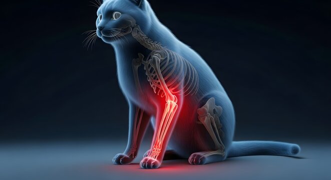 Cat shoulder and neck bone anatomy. Veterinary pathology and spinal health. Three quarter view of a sitting cat with red glowing inflammation on the shoulder joint and upper leg