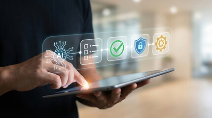 Artificial Intelligence AI Automation Technology Cybersecurity Digital Transformation Business Process workflow management showing secure data processing and smart solutions.