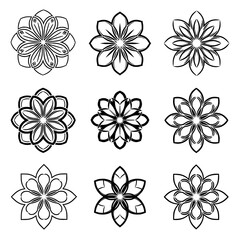 Geometric flower stencil line art black vector crafting pattern set on white background