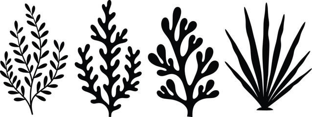 Black Silhouette Collection of Marine Seaweed, Underwater Coral Reef Plants, Aquatic Kelp, and Ocean Algae Isolated on White Background Vector © clickwavebd
