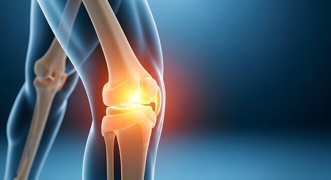 Knee joint articulation and bone structure analysis. Orthopedic surgery and sports medicine concept. Side view 3D render of a human leg showing glowing joint inflammation and pain