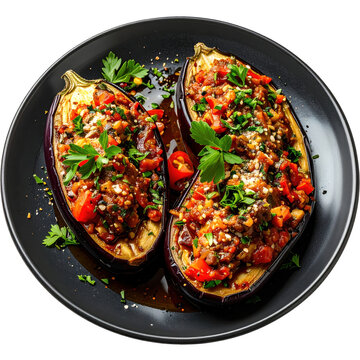 A platter of makdous with fresh herbs and lemon wedges, sharply isolated on a white background for social media content