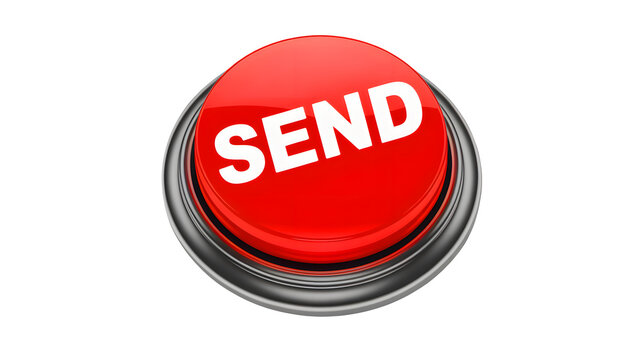 Large red send button with metallic rim for communication and action
