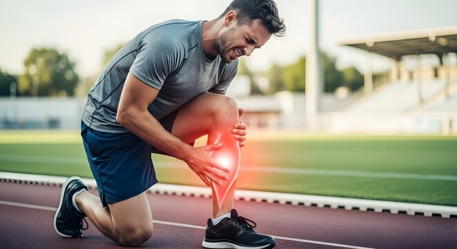 Athlete suffering from sudden calf muscle pain on a running track. Sports injury and physical therapy needs. Young man kneeling and holding his glowing leg during outdoor training