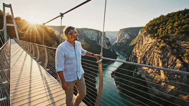 Man on suspension bridge overlooking a river gorge at sunset