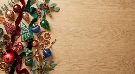 Christmas holiday flat lay border with baubles, velvet ribbons and natural decorations on wooden background