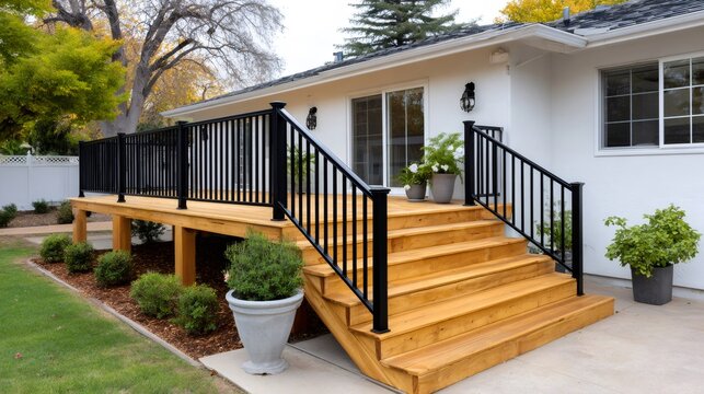 Backyard wood deck with black railing and steps