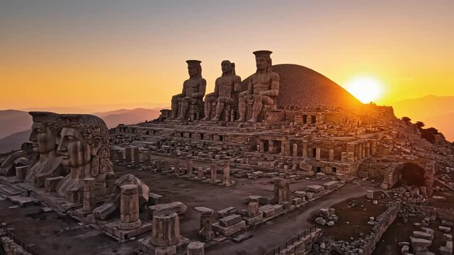 Ancient Ruins of Mount Nemrut at Sunset - A Majestic Historical Site.