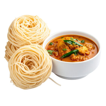 A plate of white string hoppers, steamed rice vermicelli nests from sri lanka, accompanied by sambal, isolated on a stark white background