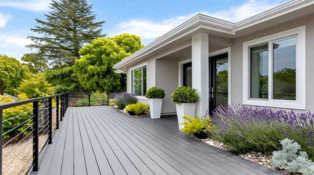 Modern home exterior with gray composite deck and lavender