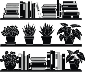 Black silhouette of minimalist bookshelves with indoor house plants and books on wall shelves, isolated vector illustration for home interior decor. © clickwavebd