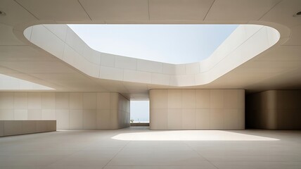 Modern minimalist interior architectural space with large oval skylight and soft natural light