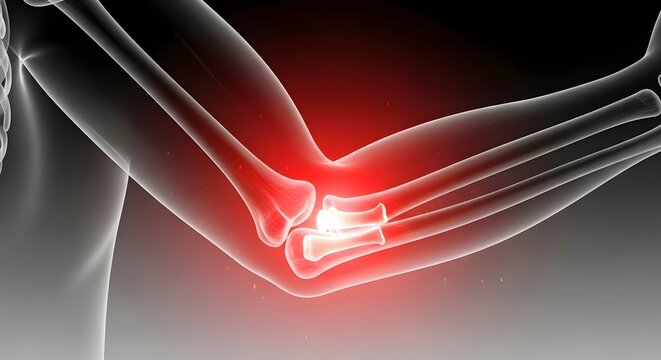Dislocated elbow joint and skeletal trauma. Orthopedic emergency and bone health. 3D skeletal rendering of a human arm with red glowing highlights on a dislocated elbow joint