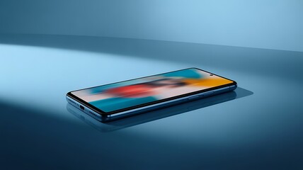 Modern smartphone with colorful screen display on a reflective blue background
