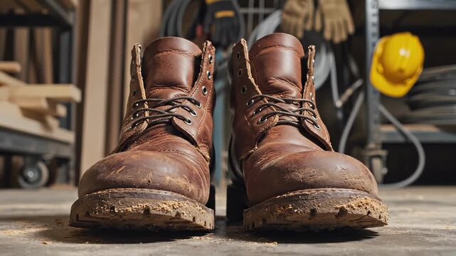 Worn brown leather work boots on workshop floor. Construction industry labor concept. Safety equipment background