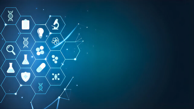 Abstract representation of scientific research and development with digital hexagons and light blue connections on a dark background