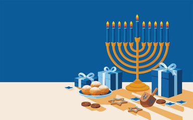 Celebrating Hanukkah with Menorah, Gifts, and Traditional Treats on a Festive Table