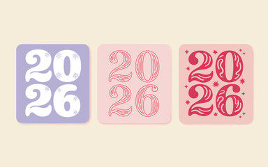 A trio of 2026 emblems in varying designs and pastel hues displayed together on a soft cream background from a straightforward viewpoint