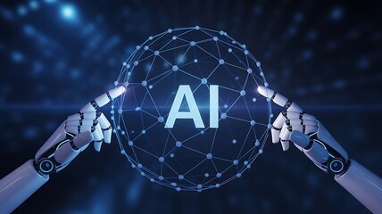 Robotic hands interacting with a glowing digital sphere displaying the letters AI