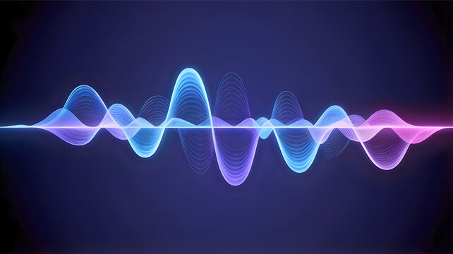 Abstract sound wave visualization with vibrant neon blue and purple colors on a dark background
