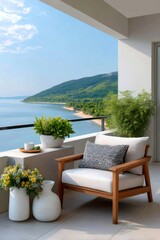 Obraz premium Seaside balcony with ocean view offering luxury relaxation