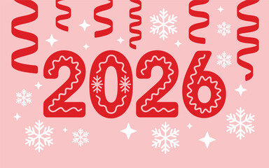 Celebratory 2026 New Year Design with Red Numbers, Snowflakes, and Streamers on Pink Background Illustration
