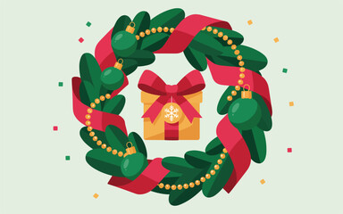 A festive Christmas wreath with a house at its center, surrounded by colorful dots and decorations, viewed from directly above