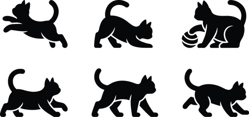Cute playful cat silhouette icon collection showing jumping running energetic feline actions minimalist animal symbols modern vector illustration set © ALEX BIN