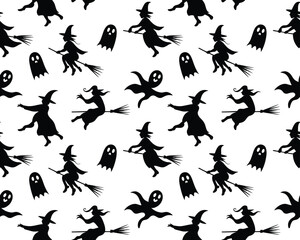 Obraz premium A spooky pattern of witches and ghosts flying on broomsticks against a white background for Halloween.