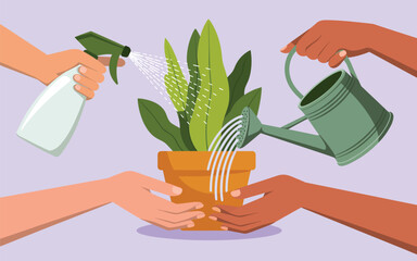Nurturing a potted plant with care and attention from multiple hands